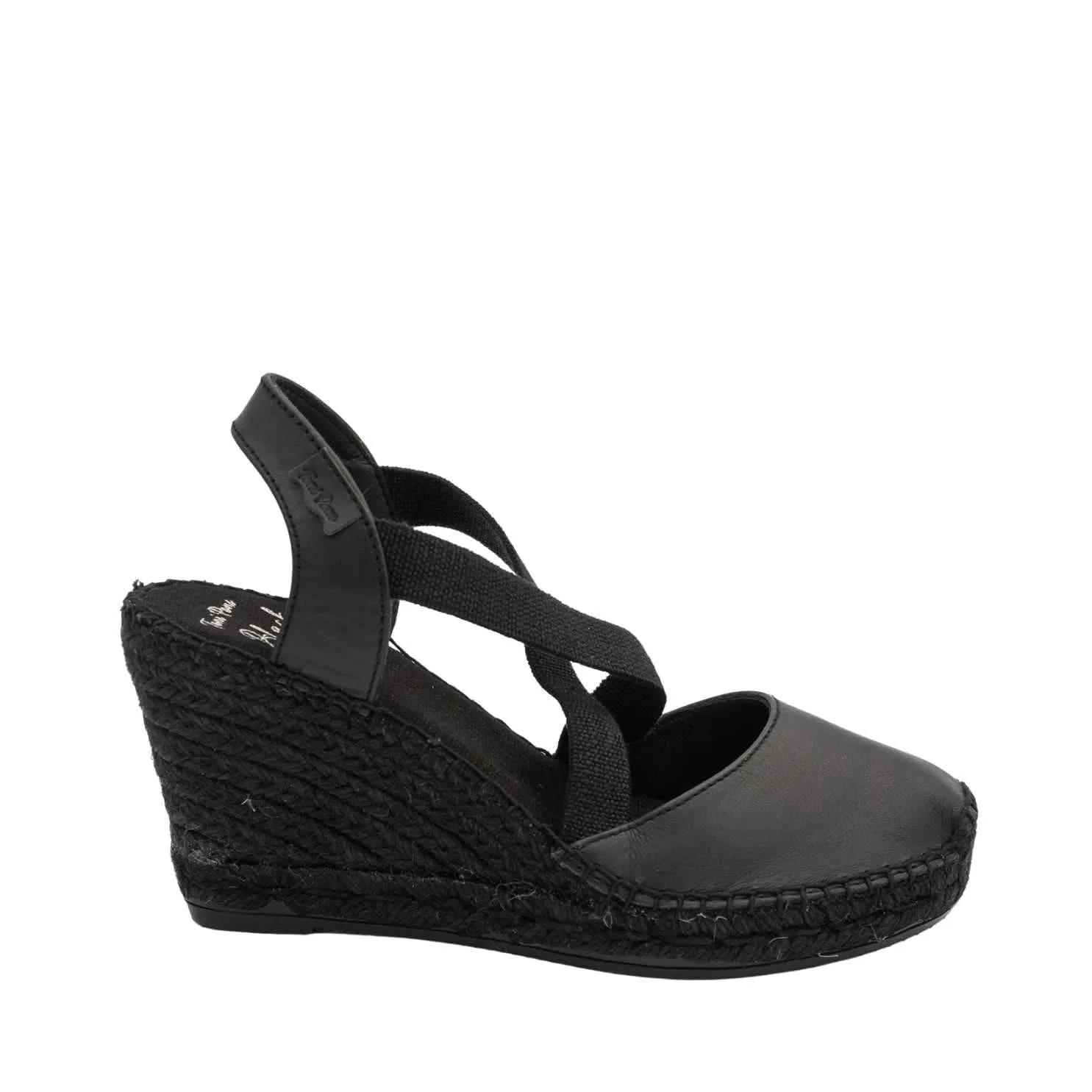 Black High Heel Plain Leather Wedge Espadrille for Women - Saba-P7BK