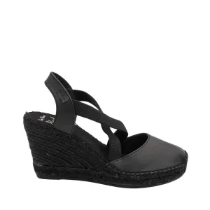 Black High Heel Plain Leather Wedge Espadrille for Women - Saba-P7BK