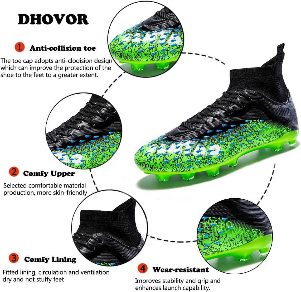DHOVOR Boys Football Cleats High-Tops Football Shoes for Kids Soccer Cleats Professional Athletic Training Soccer Shoes