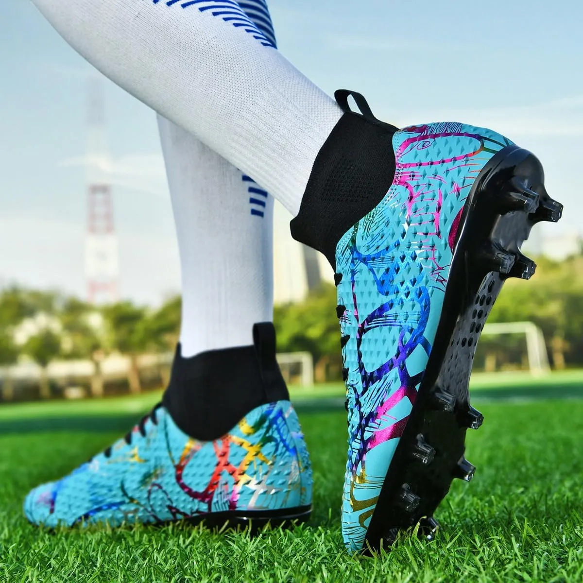 DHOVOR Boys Girls Soccer Cleats High-Top Soccer Shoes for Kids Football Cleats Professional Training Football Sports Shoes