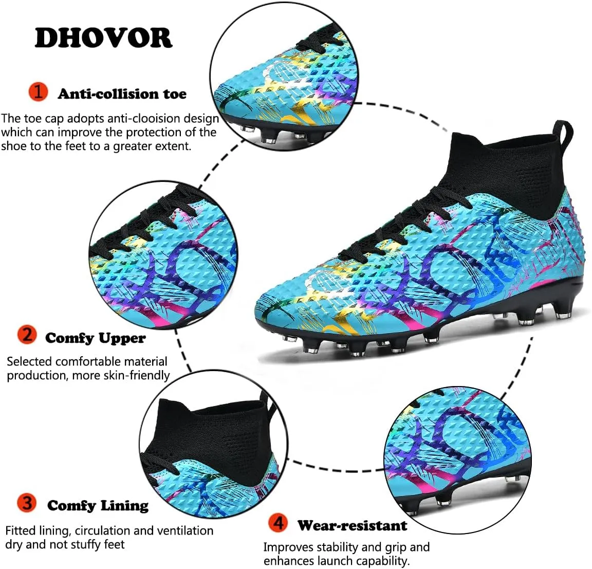 DHOVOR Boys Girls Soccer Cleats High-Top Soccer Shoes for Kids Football Cleats Professional Training Football Sports Shoes