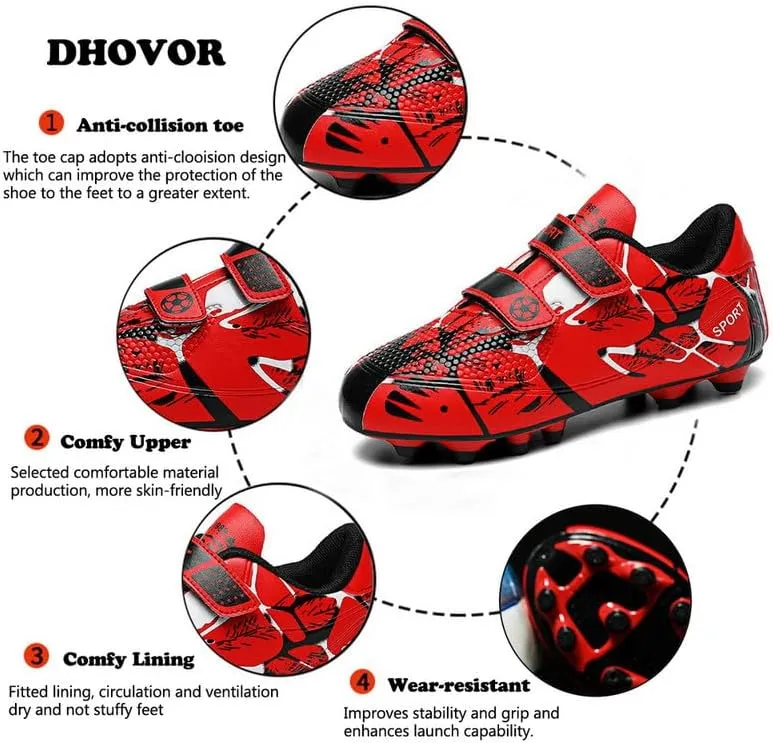 DHOVOR Boys Girls Soccer Shoes Youth Football Trainers Non-Slip Lightweight Football Cleats Football Shoes for Kids Indoor/Outdoor/Competition/Unisex