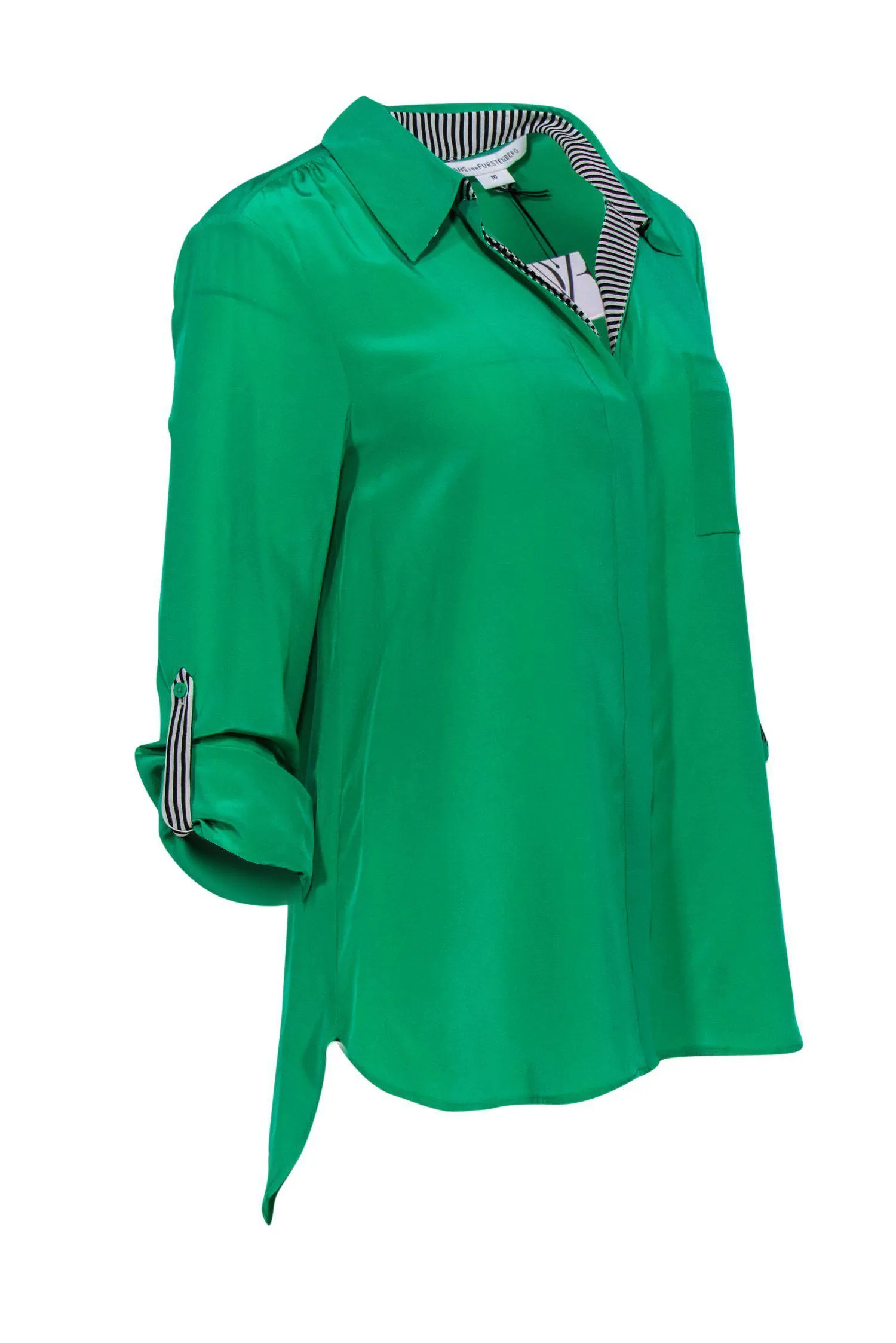 Diane von Furstenberg - Green Button Down Blouse w/ Black & White Striped Trim Sz 10