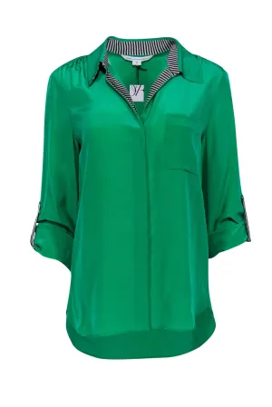 Diane von Furstenberg - Green Button Down Blouse w/ Black & White Striped Trim Sz 10