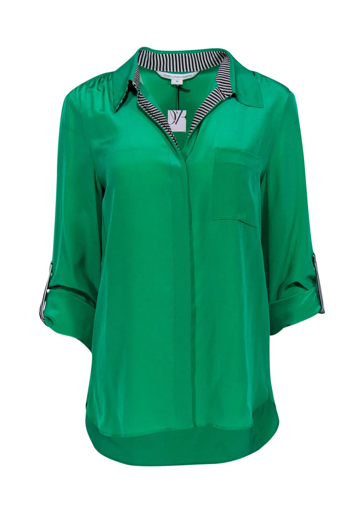 Diane von Furstenberg - Green Button Down Blouse w/ Black & White Striped Trim Sz 10