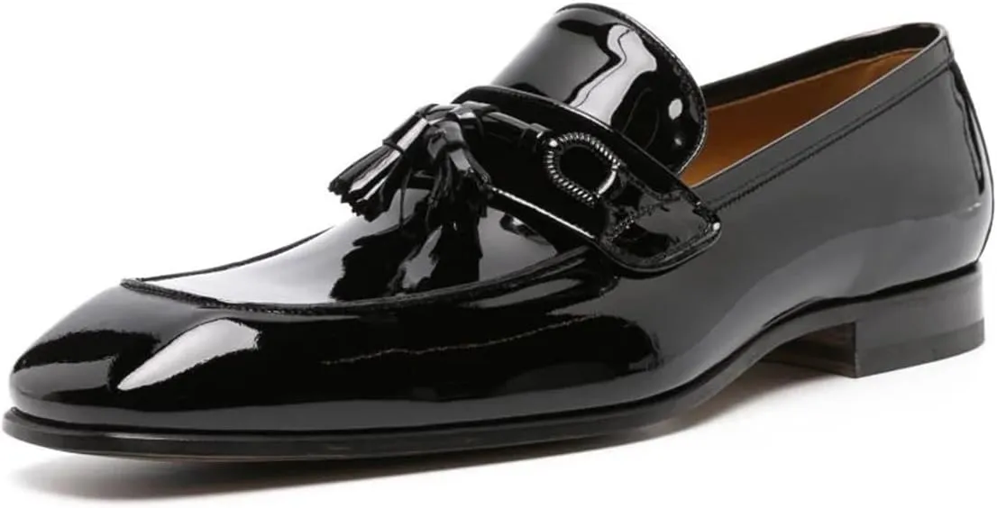 FOWT Men Glossy Square Toe Tassels Decor Loafers Low Heel Slip On Casual Daily Walking Shoes Size 4-16 US