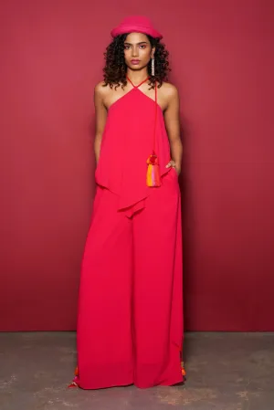 Fuchsia Tie-Up Halter Jumpsuit