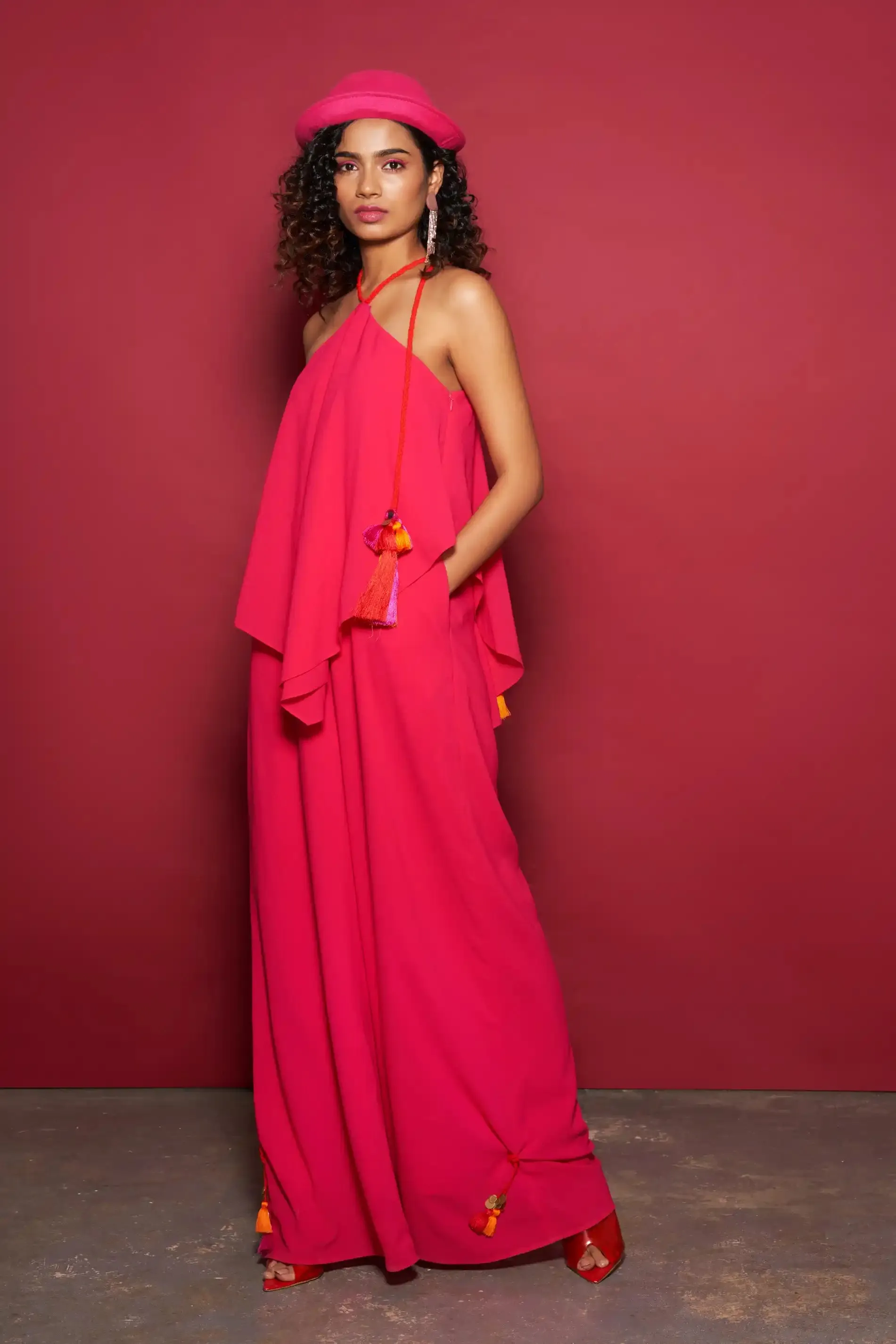 Fuchsia Tie-Up Halter Jumpsuit