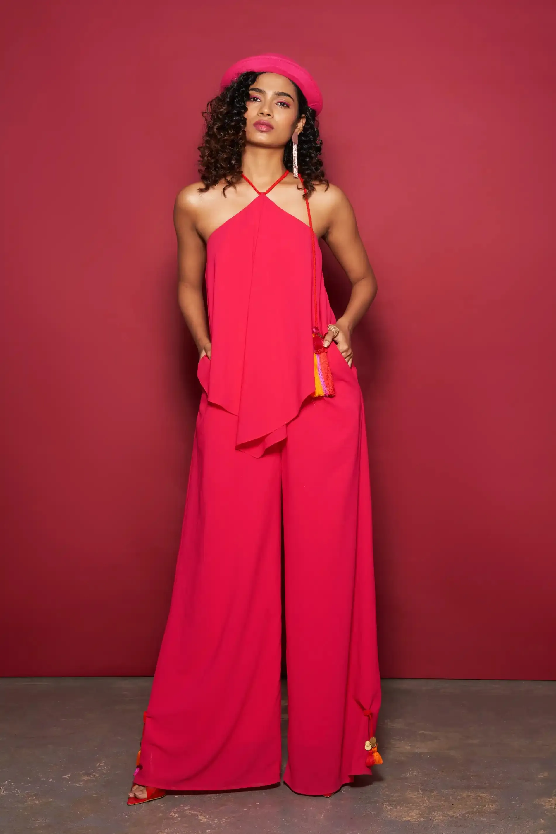 Fuchsia Tie-Up Halter Jumpsuit