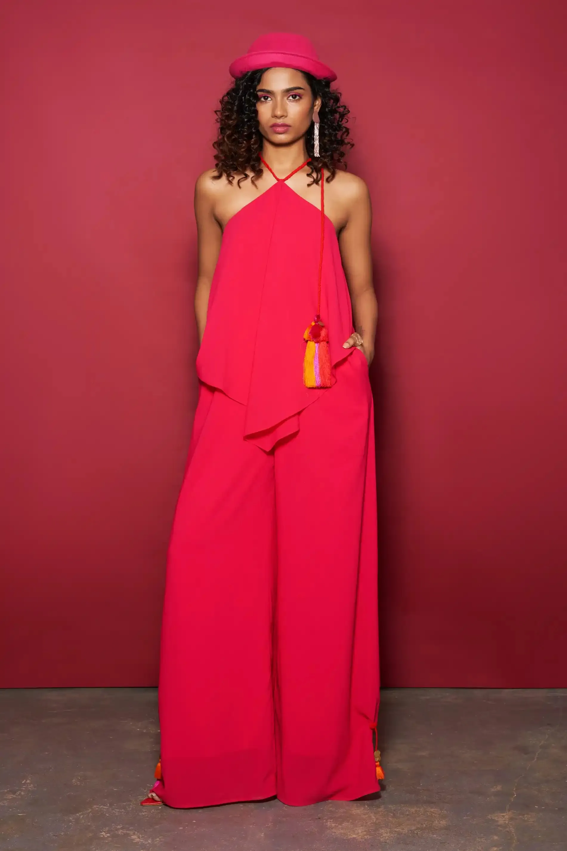 Fuchsia Tie-Up Halter Jumpsuit