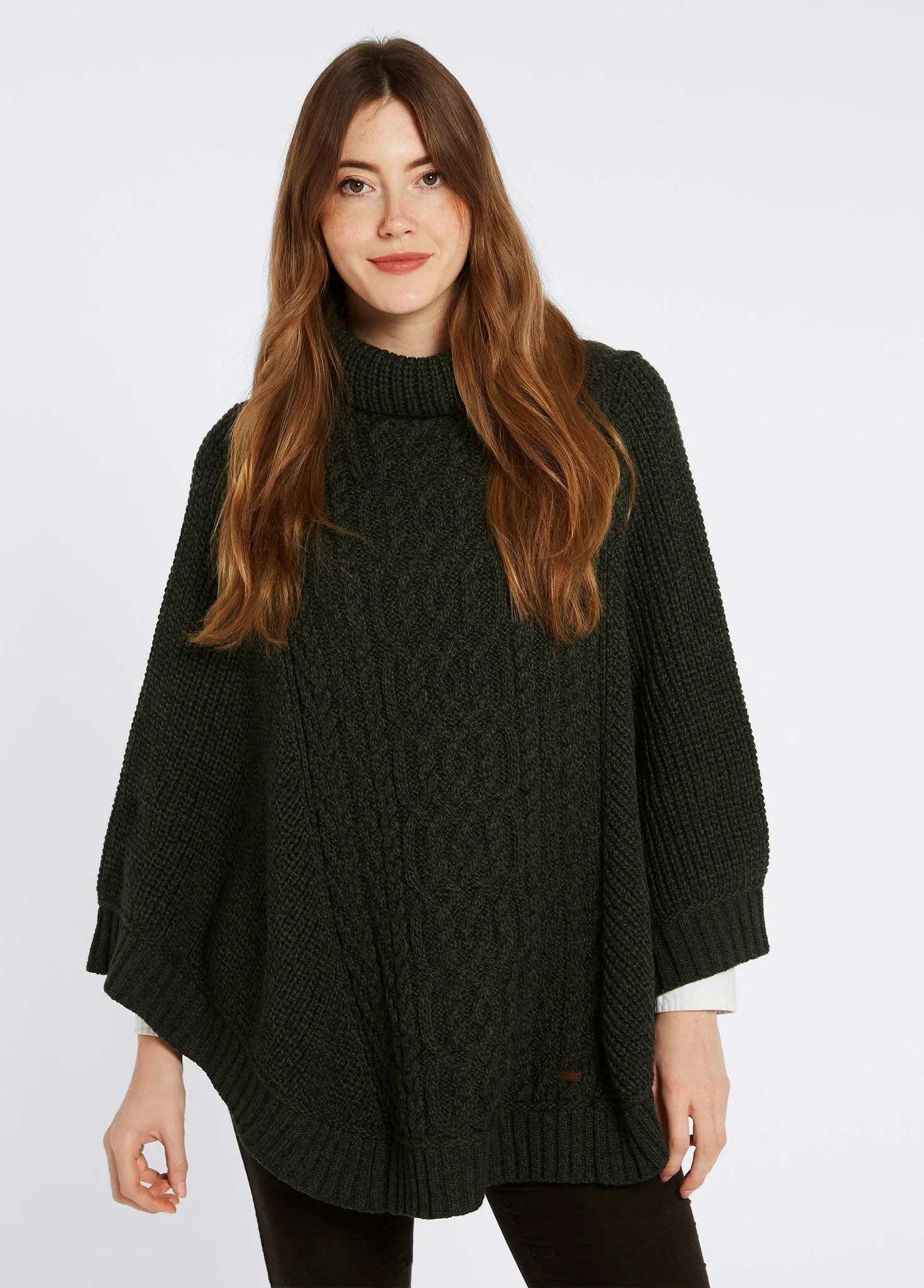 Kilronan Women’s Irish Knit Merino Poncho - Olive