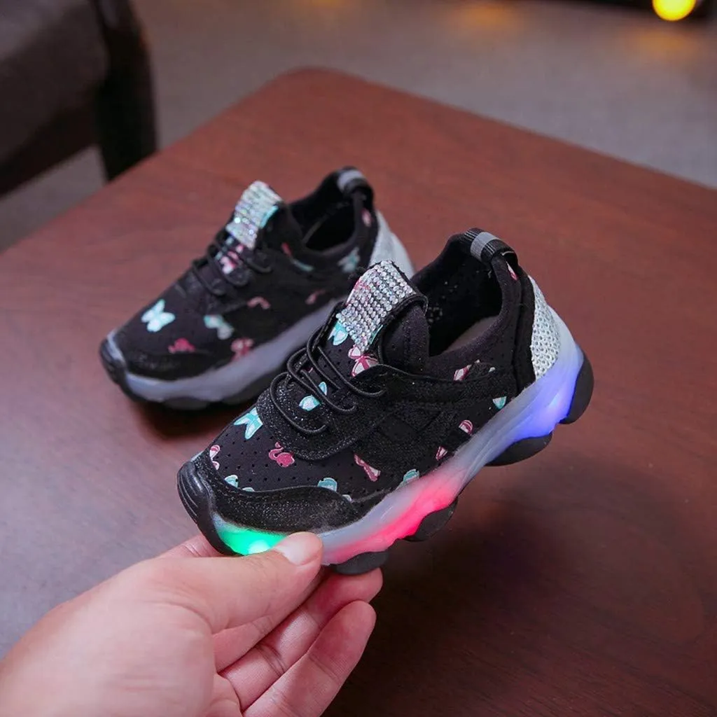 Little Child Shoes, Children Kid Baby Girls Butterfly rystal Led Luminous Sport Run Sneakers Shoes