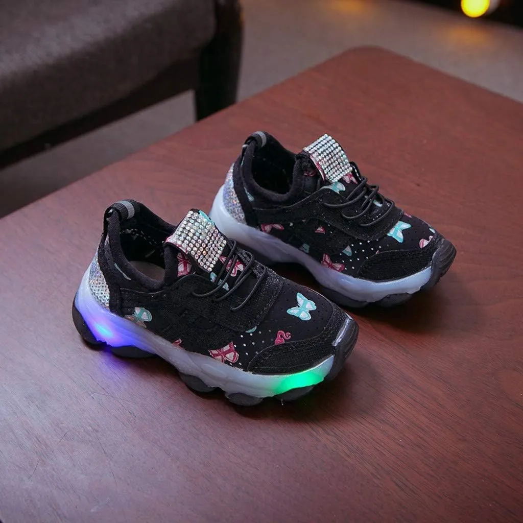 Little Child Shoes, Children Kid Baby Girls Butterfly rystal Led Luminous Sport Run Sneakers Shoes