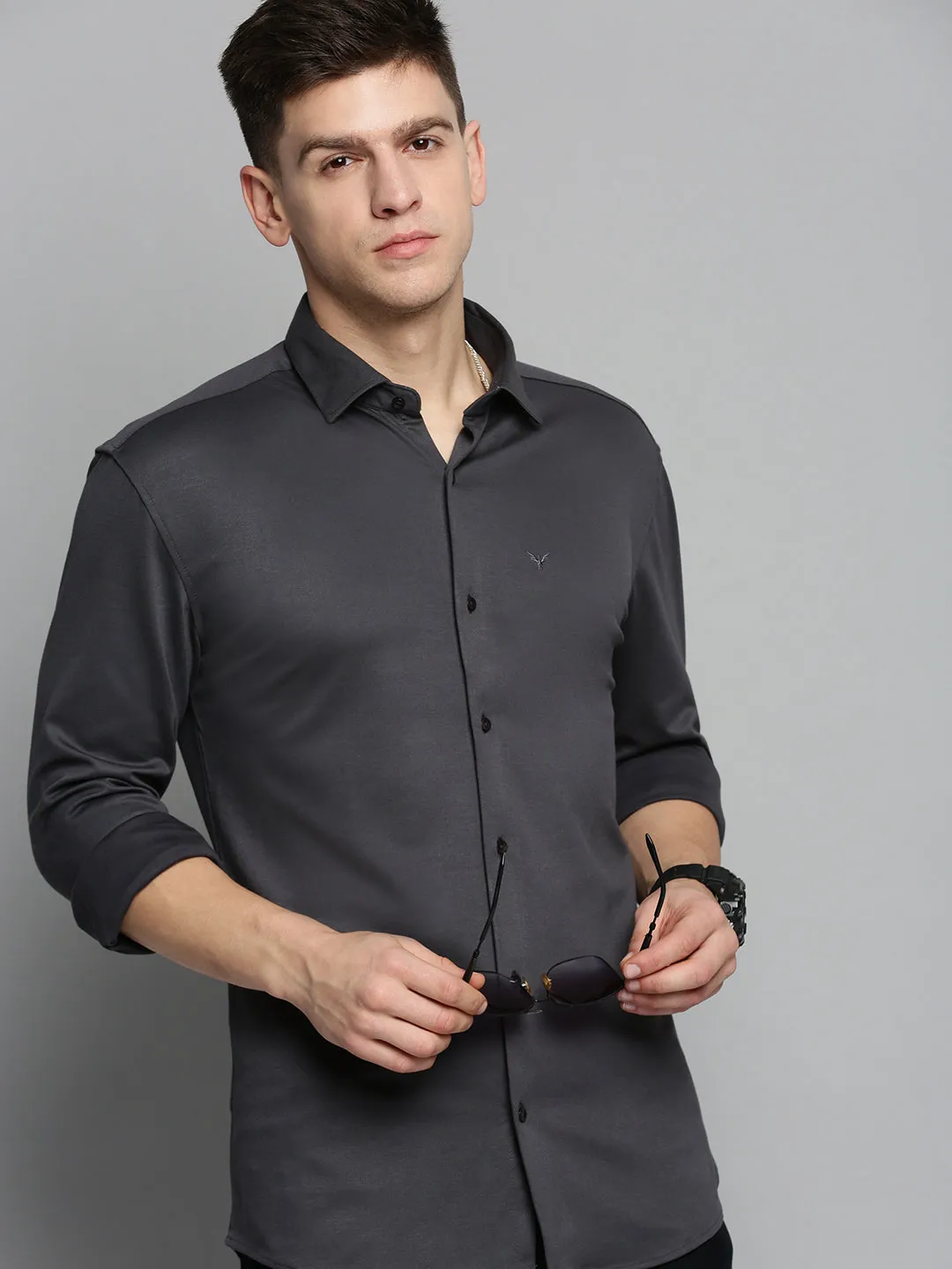 Men Grey Comfort Fit Knitted Cotton Casual Shirt
