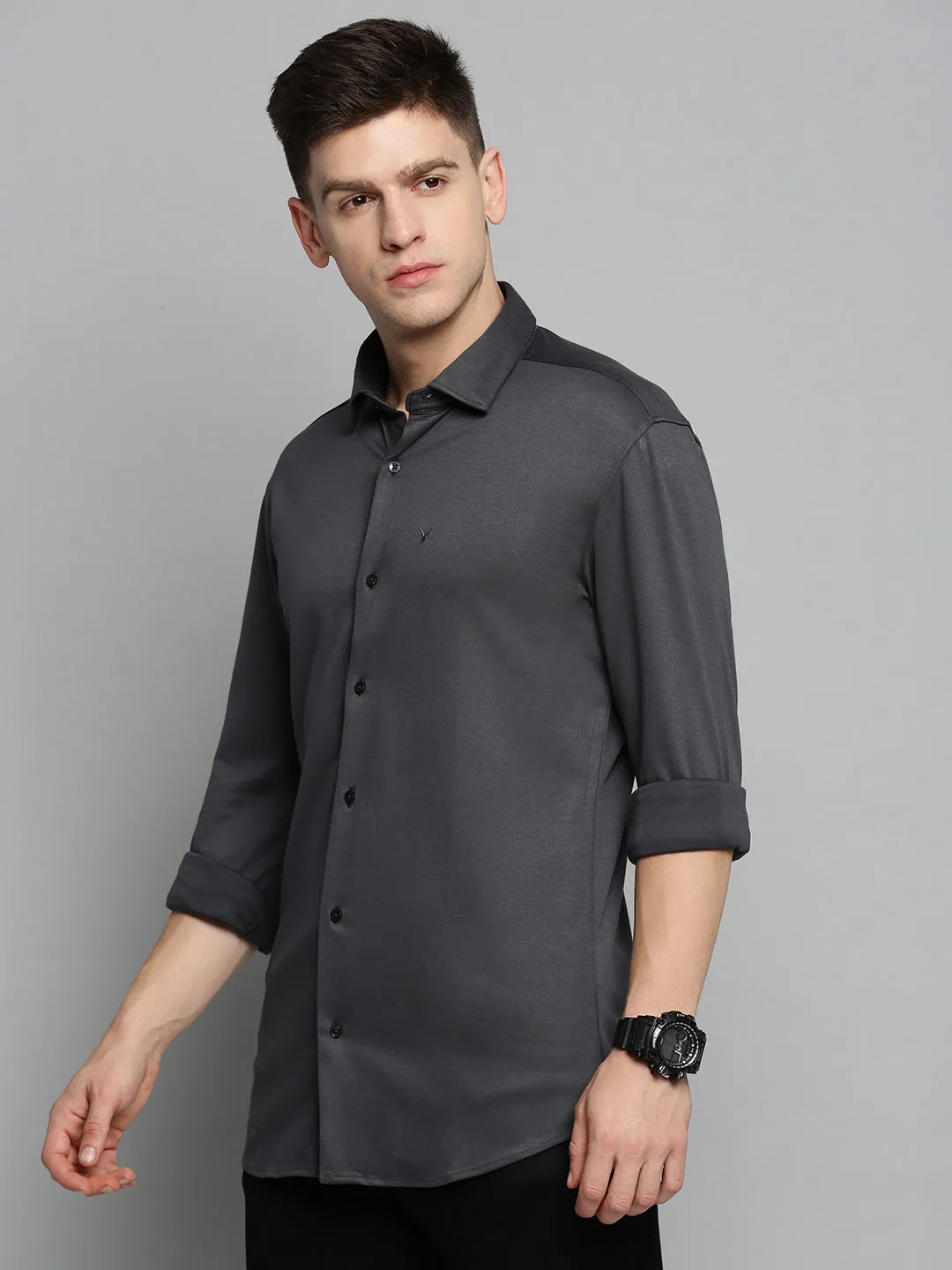 Men Grey Comfort Fit Knitted Cotton Casual Shirt