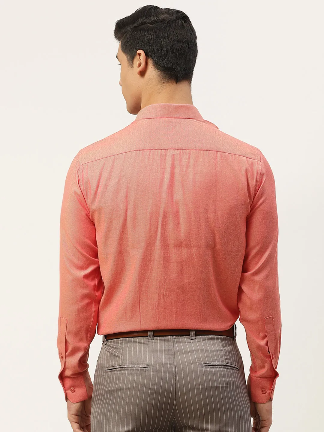 Men's Cotton Dark Peach Self Design Classic Formal Shirt - Sojanya