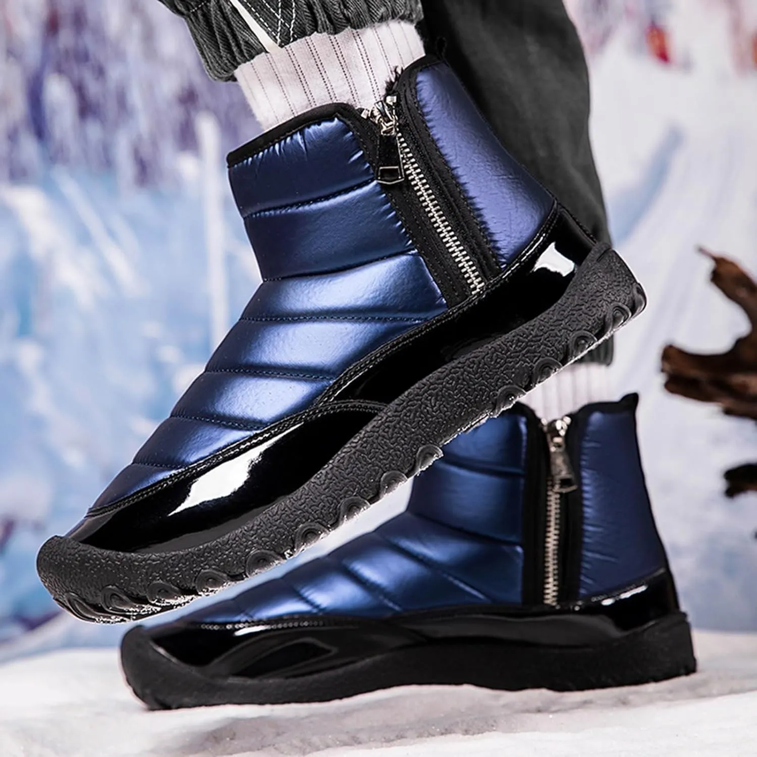 Mens Hiking Boots, Waterproof Fuzzy Boots Insulated Warm Boots Fur Lined Short Ankle Booties Womens Work Boots