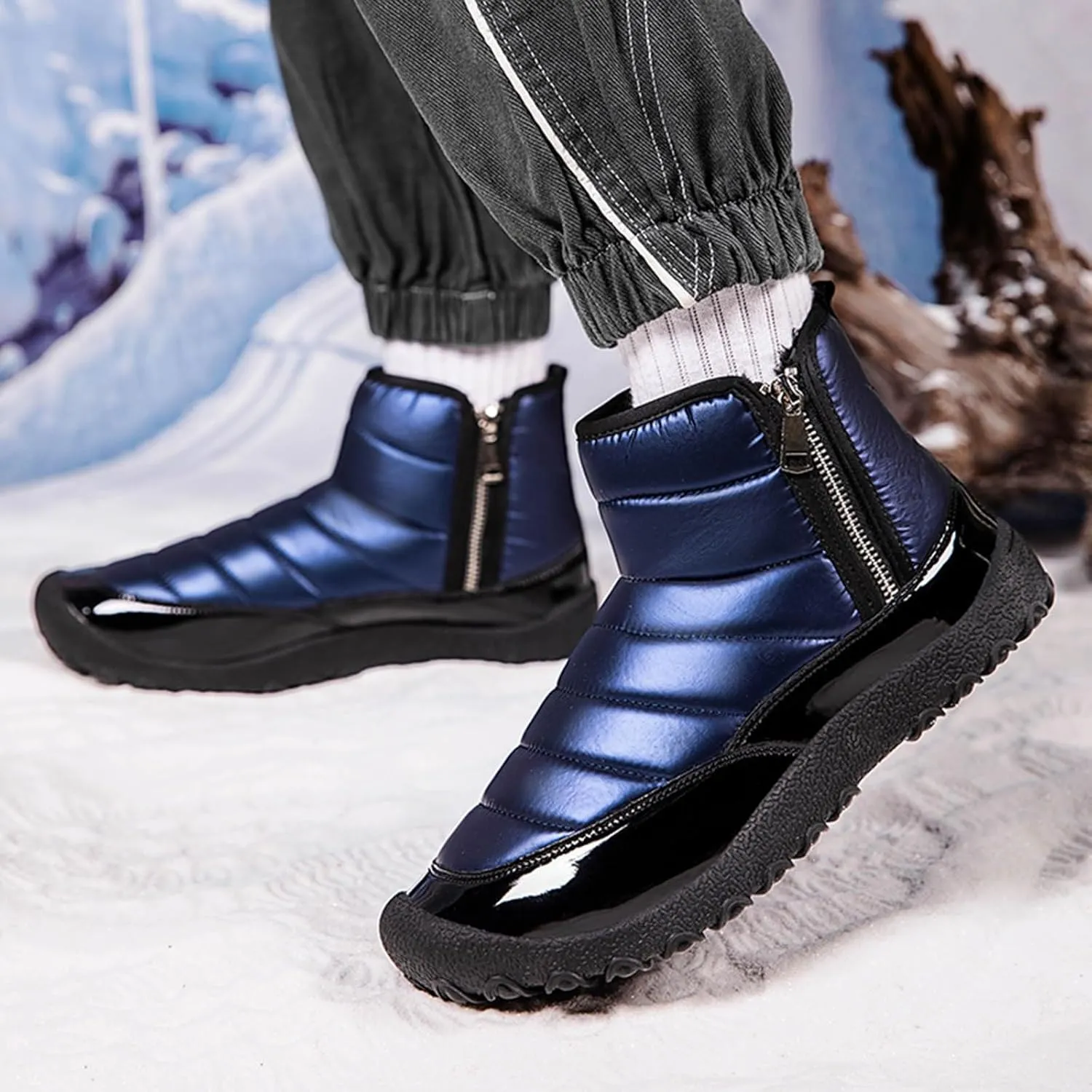 Mens Hiking Boots, Waterproof Fuzzy Boots Insulated Warm Boots Fur Lined Short Ankle Booties Womens Work Boots