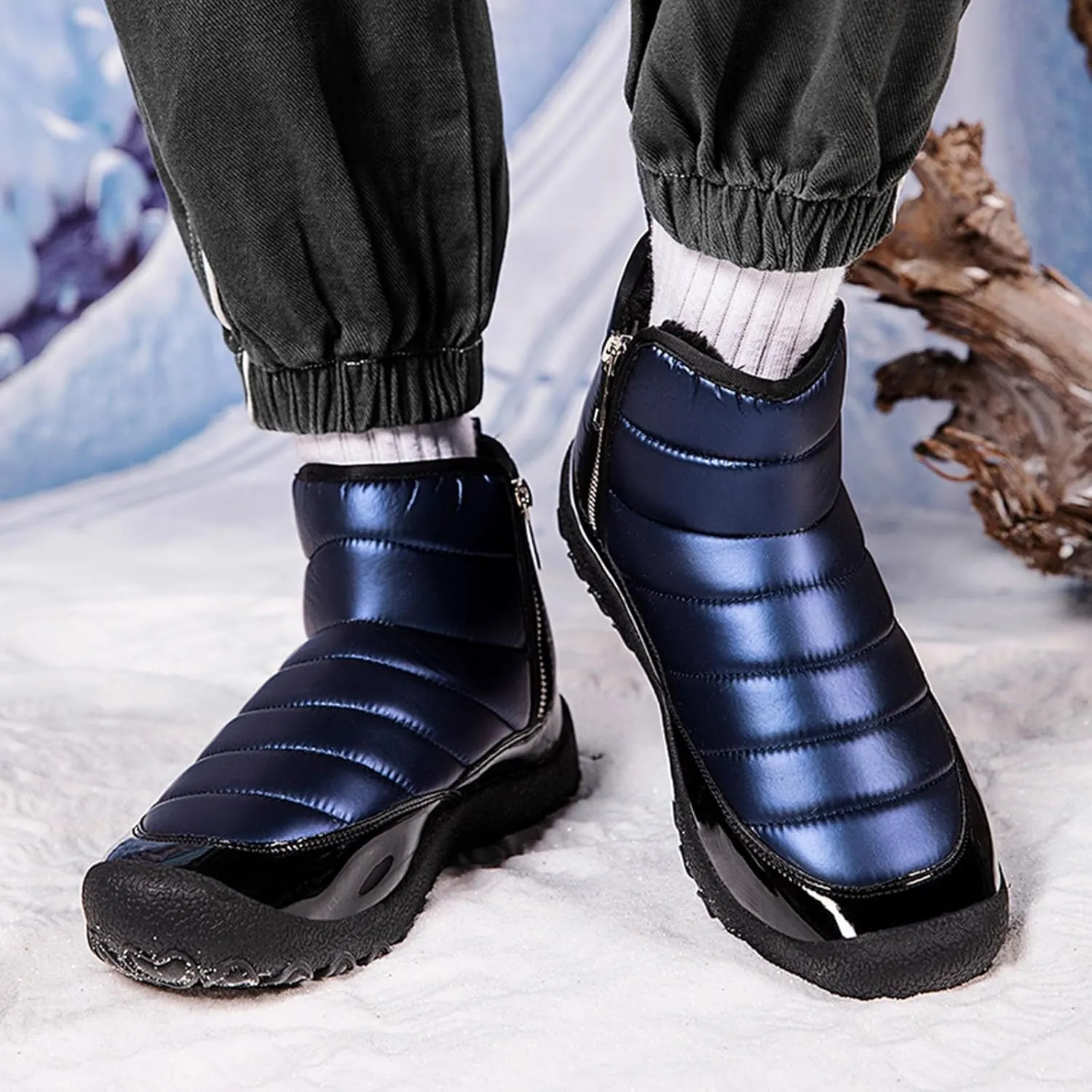 Mens Hiking Boots, Waterproof Fuzzy Boots Insulated Warm Boots Fur Lined Short Ankle Booties Womens Work Boots