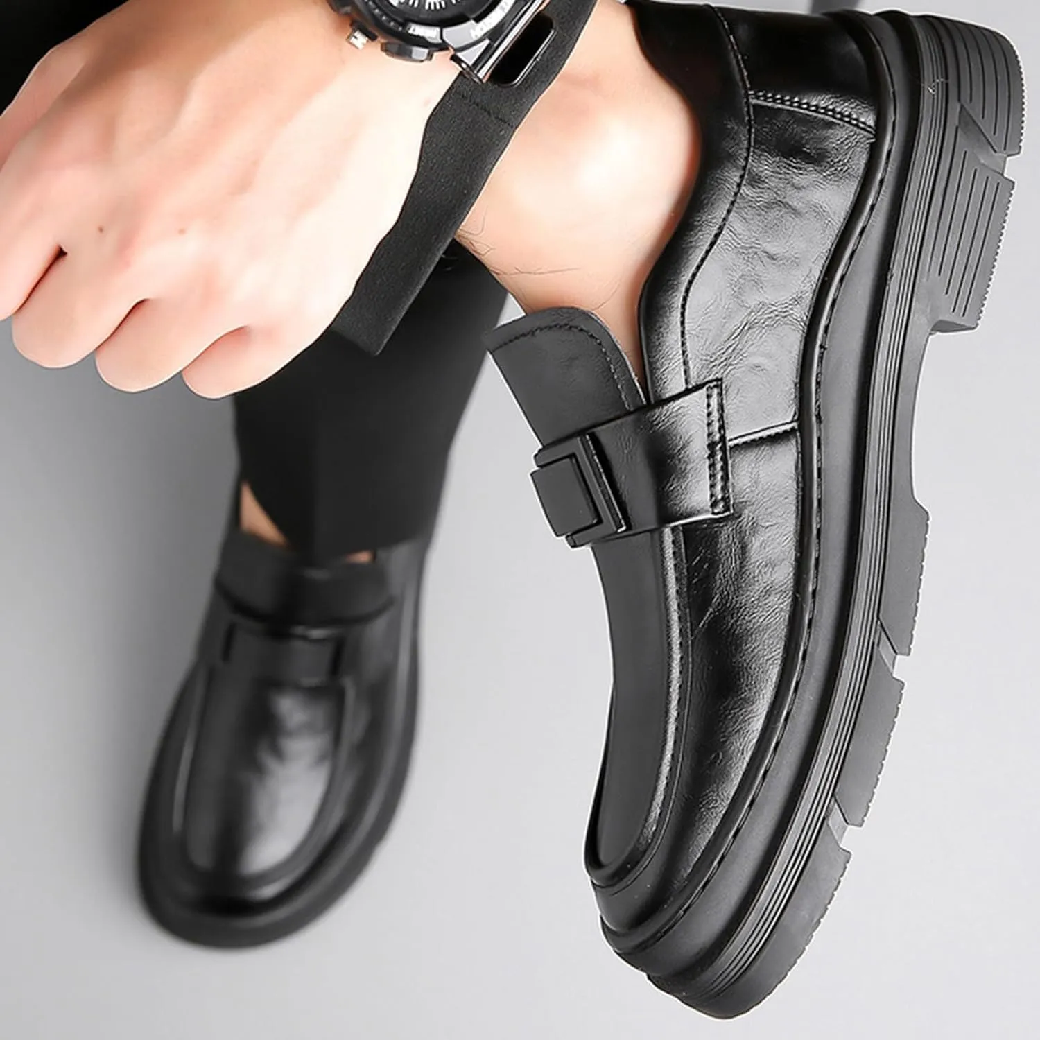 Men's Leather Round Toe Platform Slip-On Fashion Business Loafers Casual Formal Work Driving Lug Sole Shoes Outdoor Walking Shoe for Men