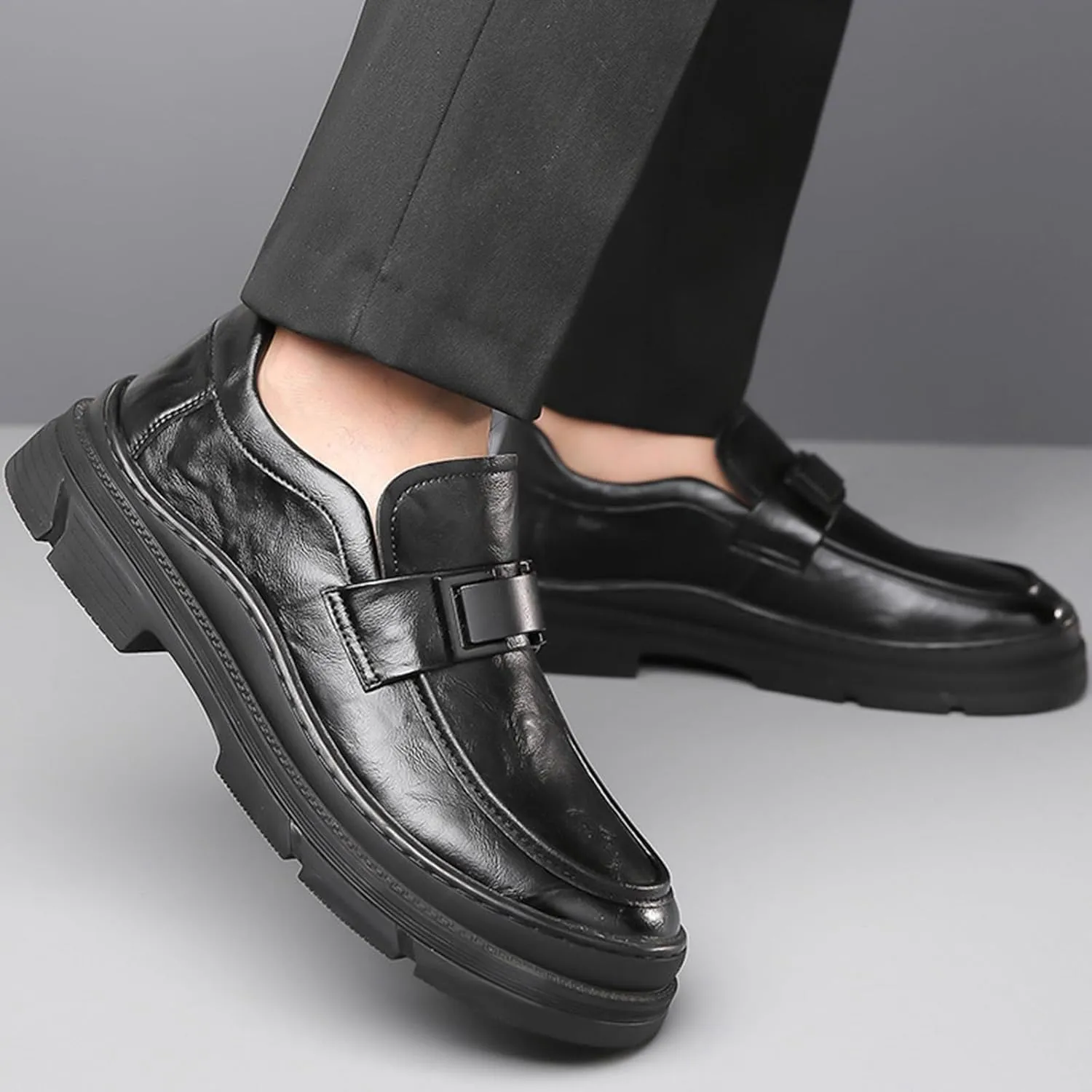 Men's Leather Round Toe Platform Slip-On Fashion Business Loafers Casual Formal Work Driving Lug Sole Shoes Outdoor Walking Shoe for Men