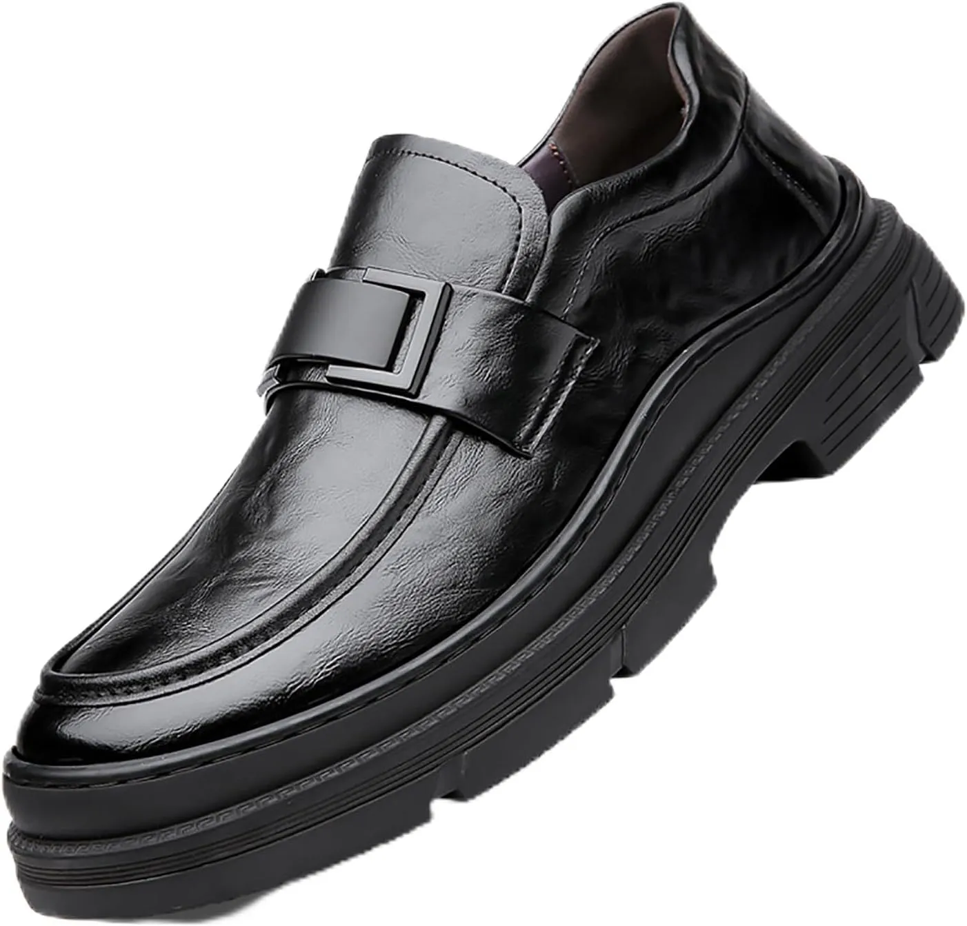 Men's Leather Round Toe Platform Slip-On Fashion Business Loafers Casual Formal Work Driving Lug Sole Shoes Outdoor Walking Shoe for Men