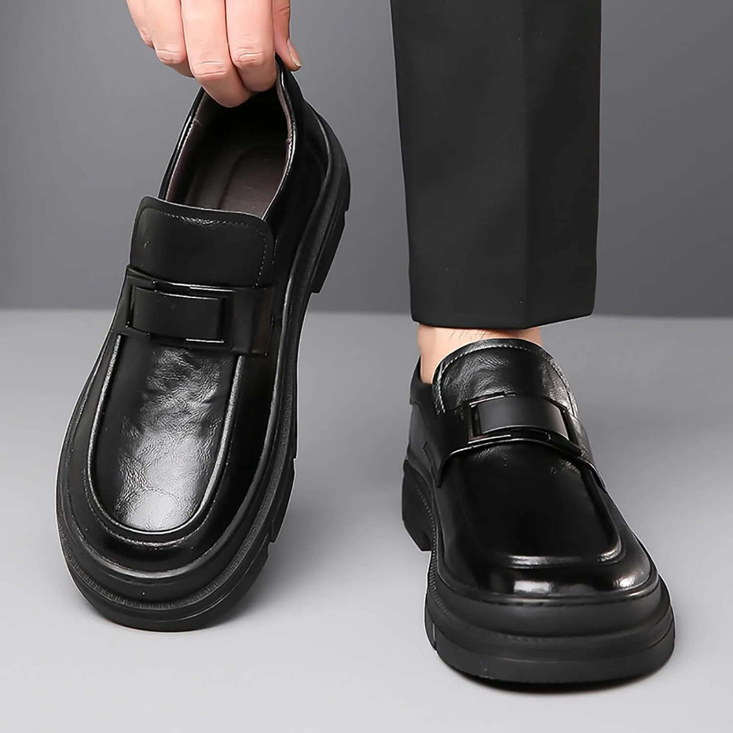 Men's Leather Round Toe Platform Slip-On Fashion Business Loafers Casual Formal Work Driving Lug Sole Shoes Outdoor Walking Shoe for Men