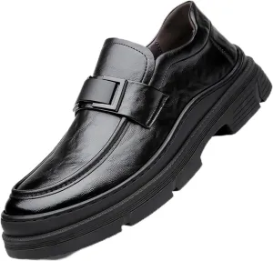 Men's Leather Round Toe Platform Slip-On Fashion Business Loafers Casual Formal Work Driving Lug Sole Shoes Outdoor Walking Shoe for Men