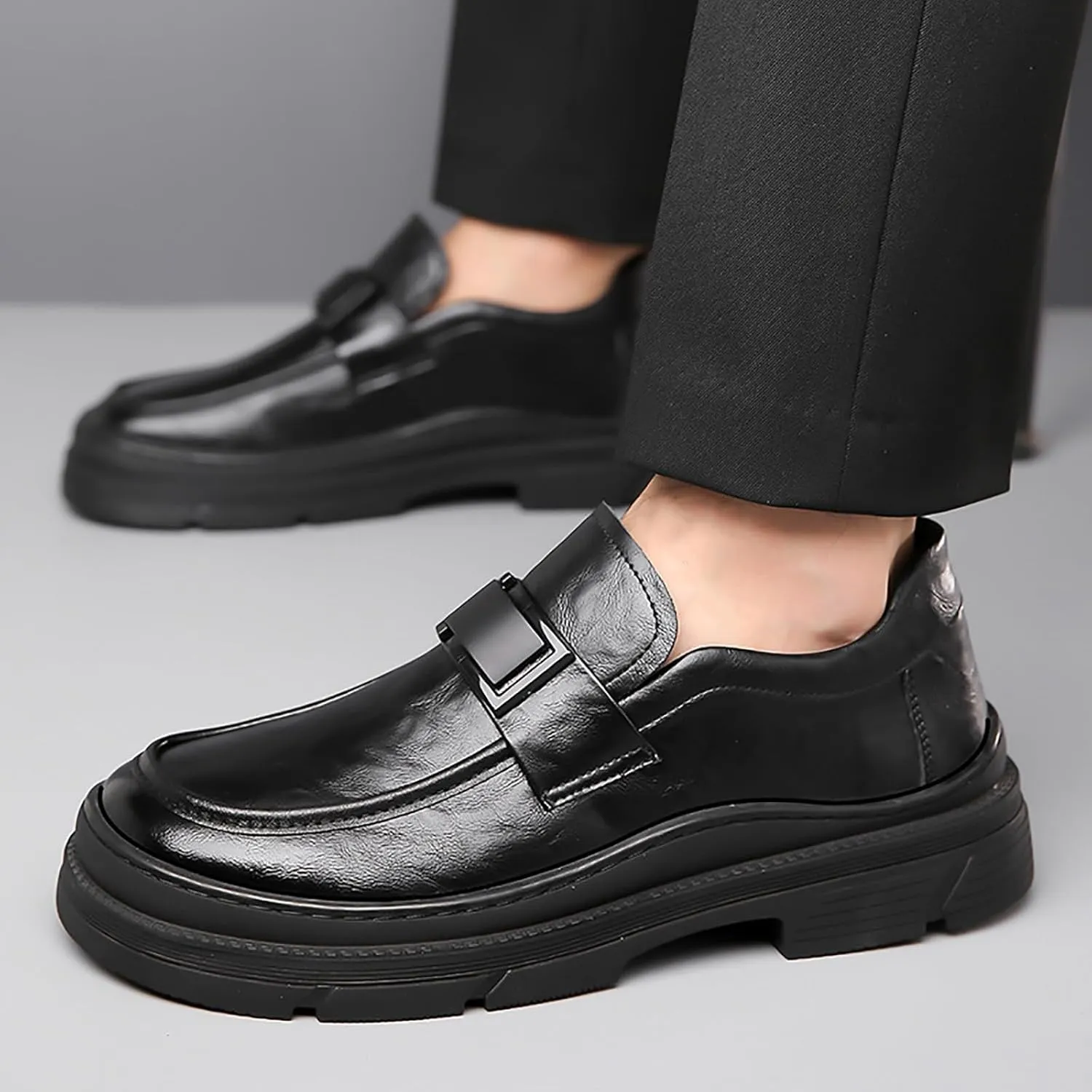 Men's Leather Round Toe Platform Slip-On Fashion Business Loafers Casual Formal Work Driving Lug Sole Shoes Outdoor Walking Shoe for Men
