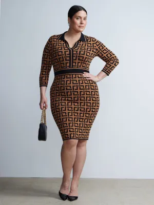 Plus Quarter Sleeve Geometric Print Sweater Dress