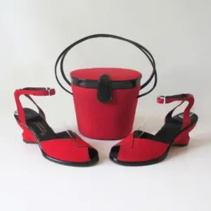 Vintage 50's Red Atomic Wedge Heels & Matching Bucket Bag Purse 6.5