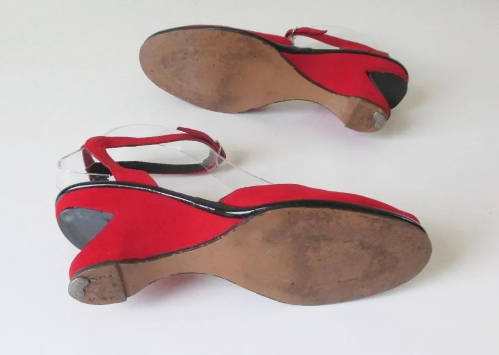 Vintage 50's Red Atomic Wedge Heels & Matching Bucket Bag Purse 6.5