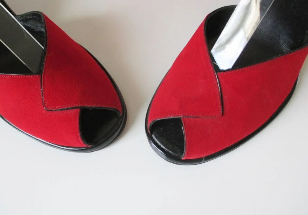 Vintage 50's Red Atomic Wedge Heels & Matching Bucket Bag Purse 6.5