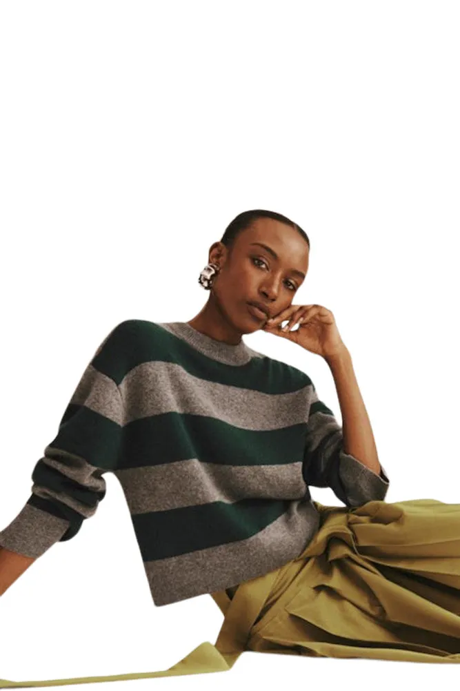 White & Warren Cashmere Striped Crewneck in Graphite - Deep Emerald