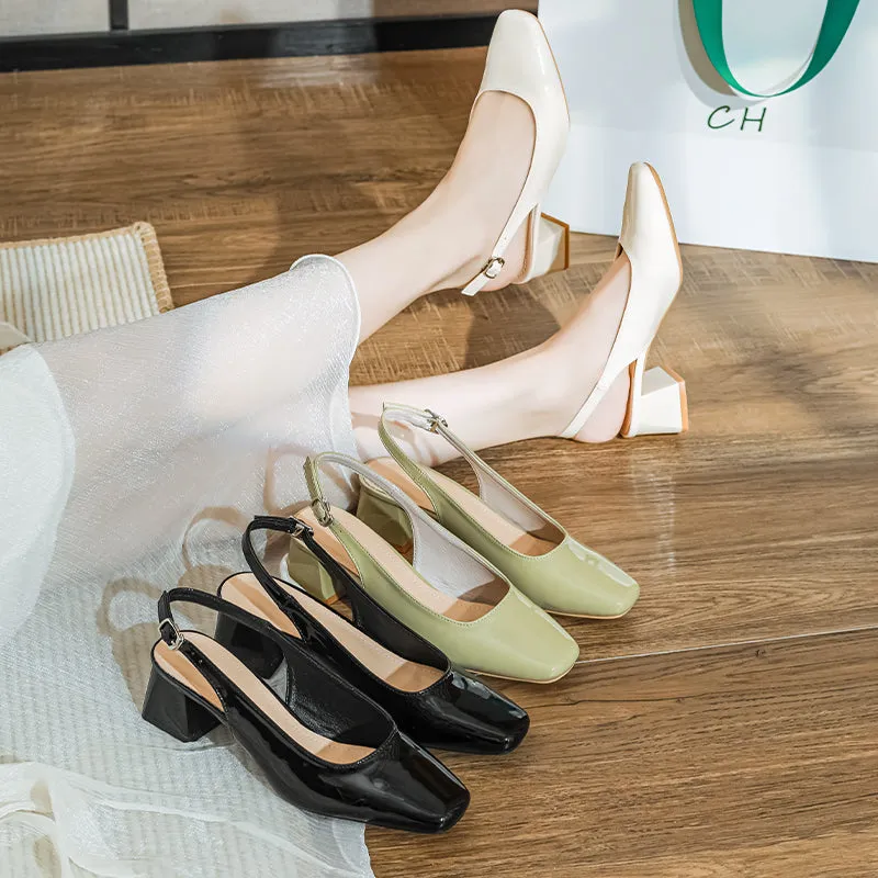 Women Casual Glossy Leather Chunky Heel Sandals
