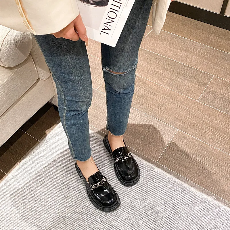 Women Retro Glossy Black JK Loafers