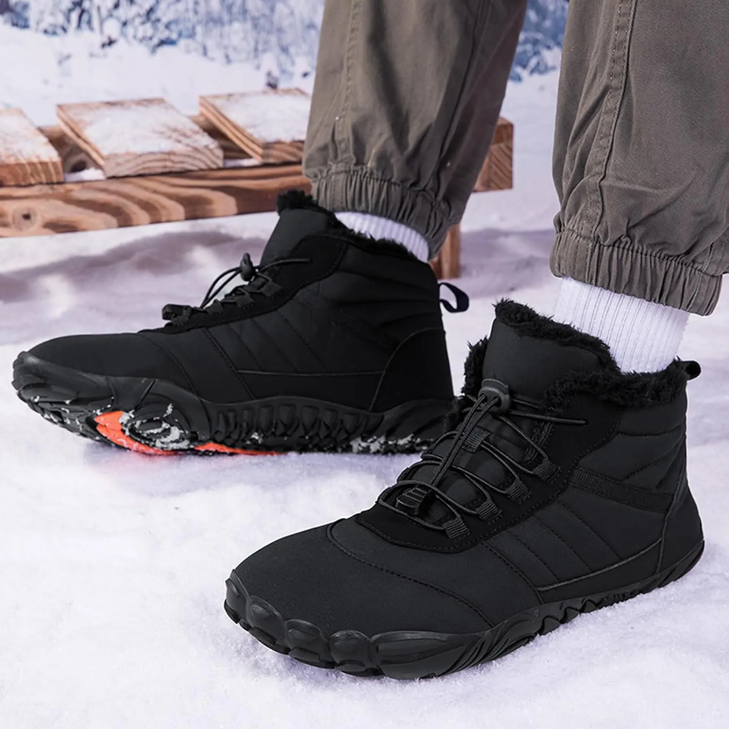 Womens Barefoot Boots Winter Non-Slip Mens Hiking Boots Waterproof Non-Slip With Plush Fleece Lining, Wide Toe Shoes